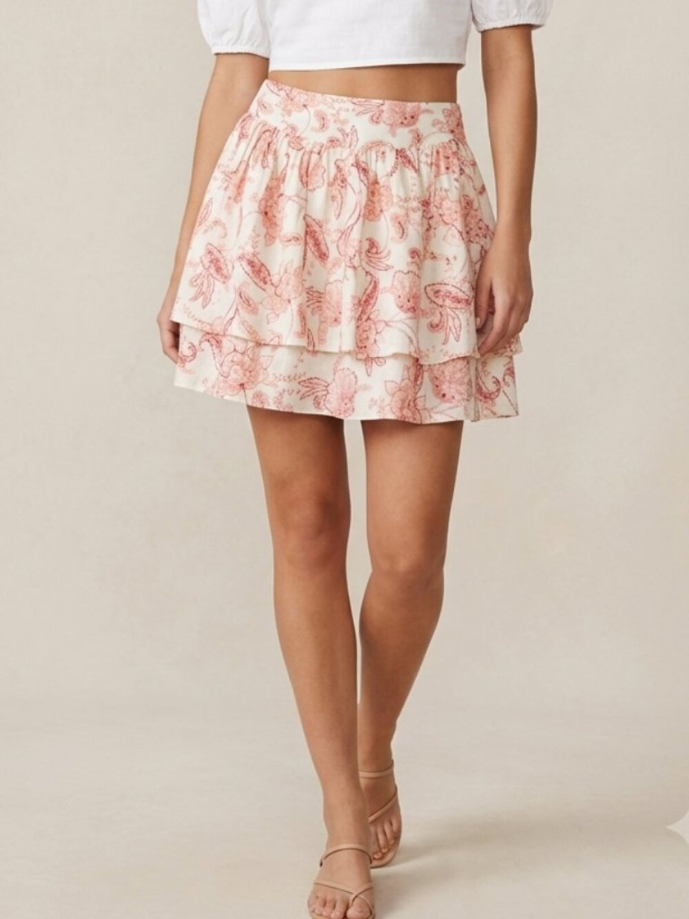 Express Women's Size 12 Cream Paisley Floral Tiered Linen Blend Mini Skirt